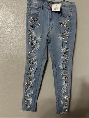 Crystal-Embellished Light Blue Skinny Jeans for Women